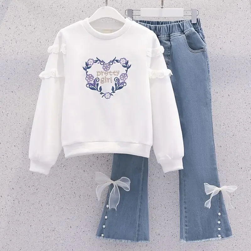 2024 Autumn Elegant Fashion Harajuku Slim Fit Sweatshirt Casual All Match Solid Pockets Jeans Flounce Children's Clothing Set