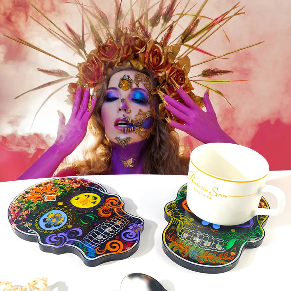 4 Uds. Molde de silicona de esqueleto de Halloween, molde de calavera mexicana del Día de los muertos, cara de fantasma, molde de posavasos de goteo de resina epoxi DIY