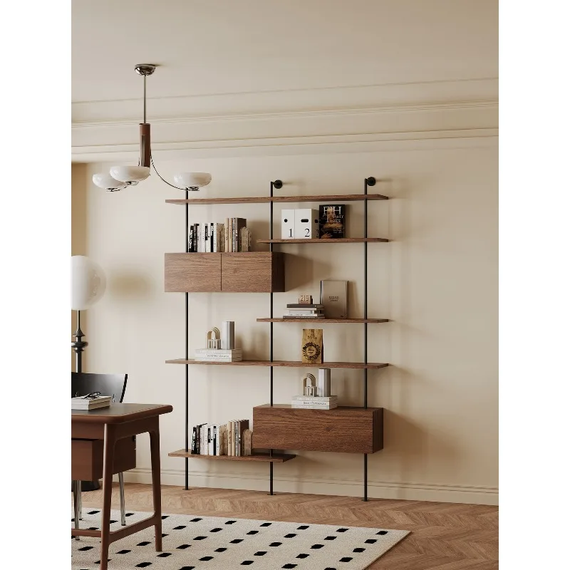 Italian minimalist bookshelf, multi-layer solid wood bookcase in the living room, integrated adjustable display storage display