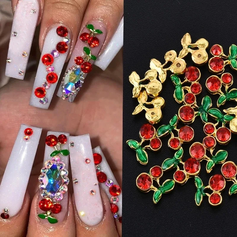 Pièces d'ongles or 3d, breloques cerise rouge, accessoires Nail Art, fruits coréens Kawaii, strass en diamant pour artisanat de manucure, bricolage, 10 pièces