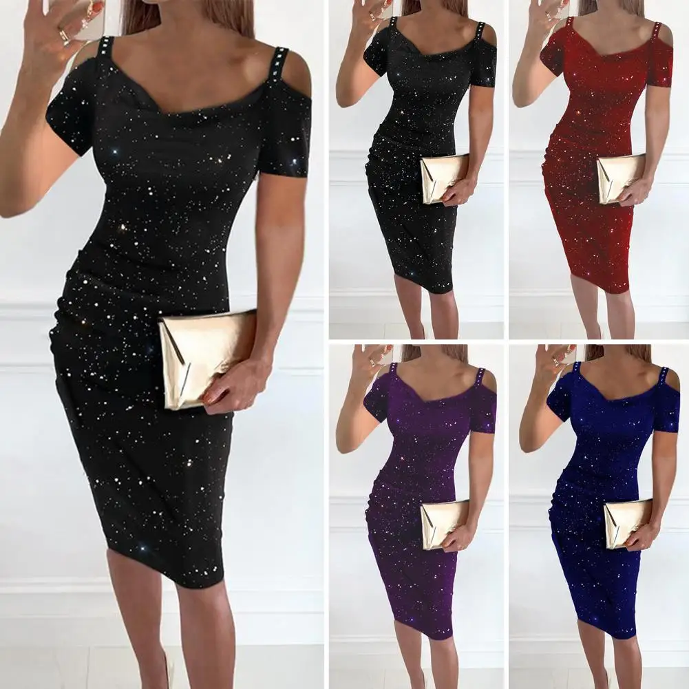 Women Summer Dress Elegant Rhinestone Embellished V Neck Mini Dress for Women Off Shoulder Hollow Out Party Club Dress with High