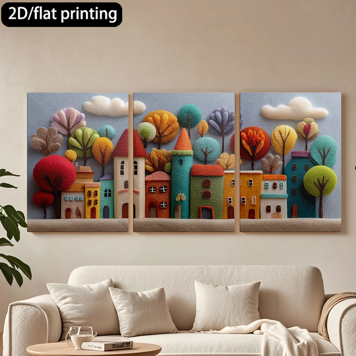 

2D flat printing 3pc wooden frame canvas decorative painting Felt-made townscape, houses, trees.Corridor bedroom decoration