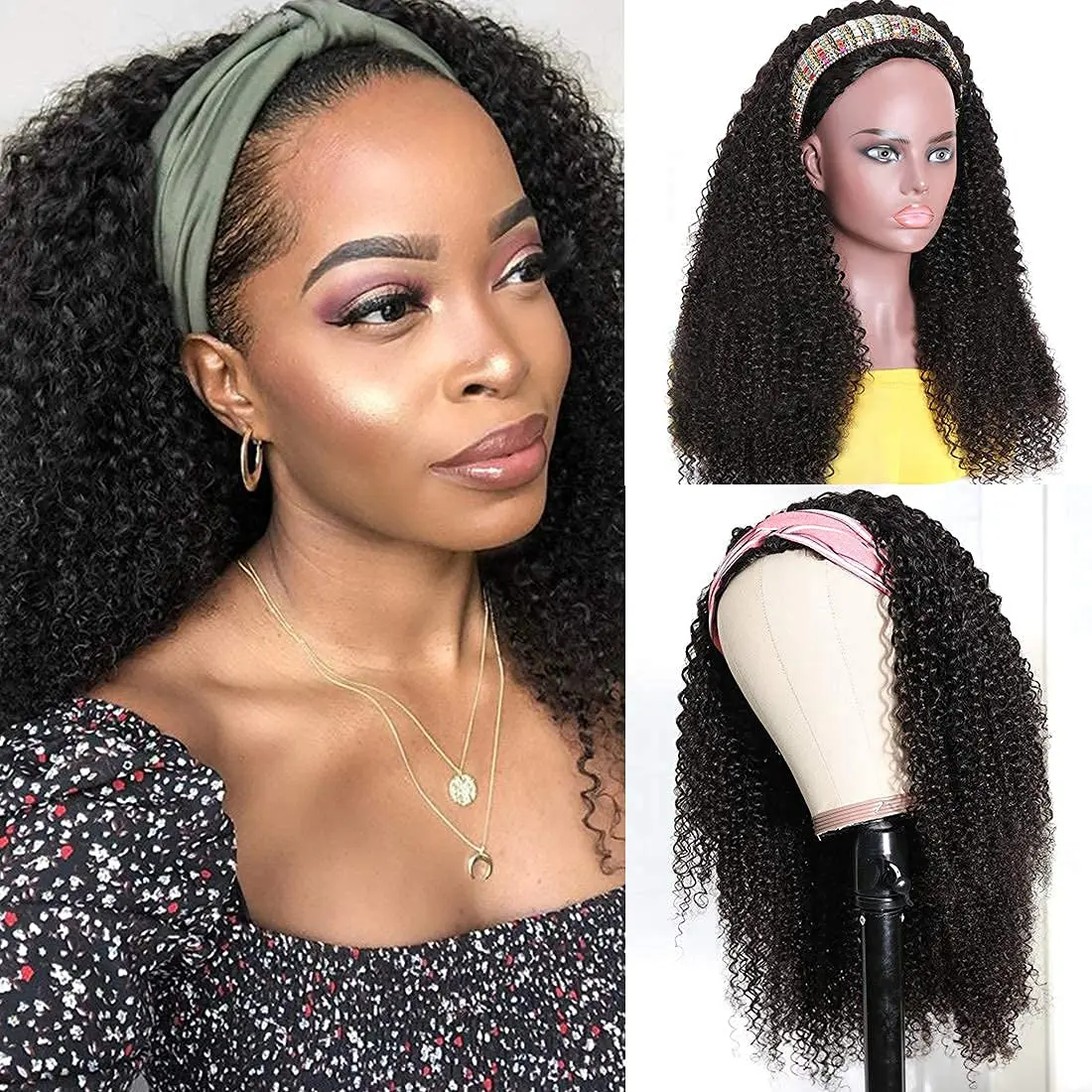 Kinky Curly Headband Wigs Human Hair For Black Women 180% Density Peruvian 10-24 Inch Human Hair Wigs Full Machine Made Wigs