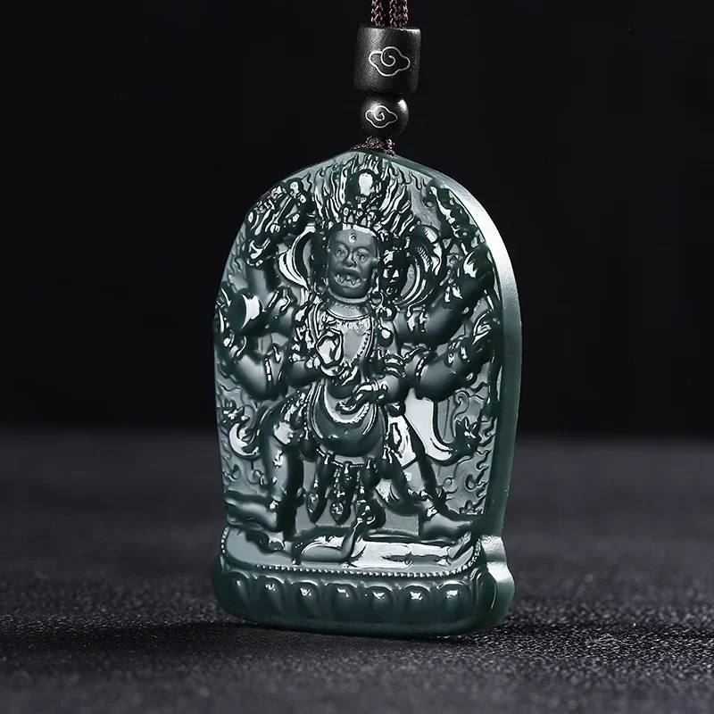 

JiaLe/ Natural Xin Jiang He Tian Cyan Jade Huang Wealth God Buddha Statue Necklace Pendant Fashion Jewelry Men Women Gift Amulet