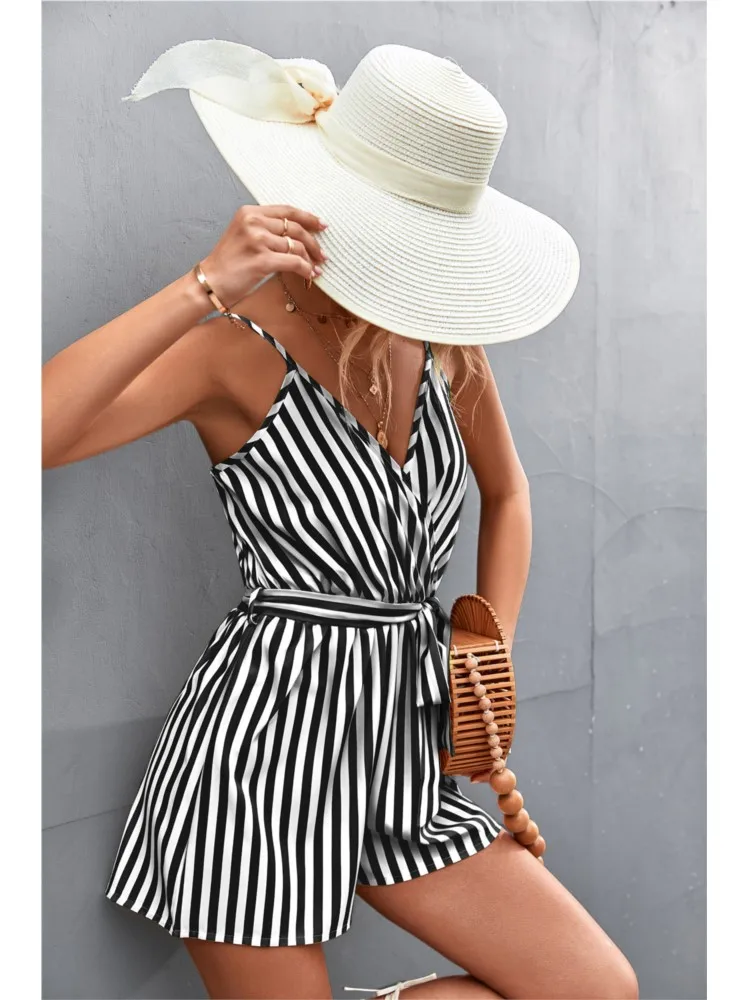 Summer Jumpsuit For Women Sexy Stripe Spaghetti Strap Jumpsuit Loose V-Neck Summer Romper Shorts Beach Playsuit Female Outfit