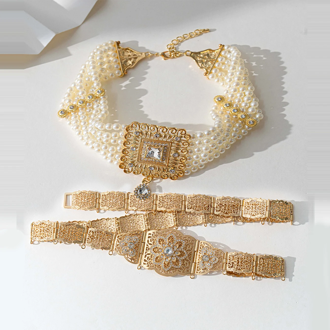 Luxus Gold Farbe Mittlerer Osten Hochzeits schmuck Set schicke Taille Kette Halskette muslimische Braut Accessoire ethnische Braut Geschenke