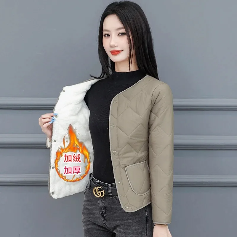Women Fleece Lined Quilted Jacket Slim Lightweight Short Cotton Coat Winter Warm Inner Liner Plus Size