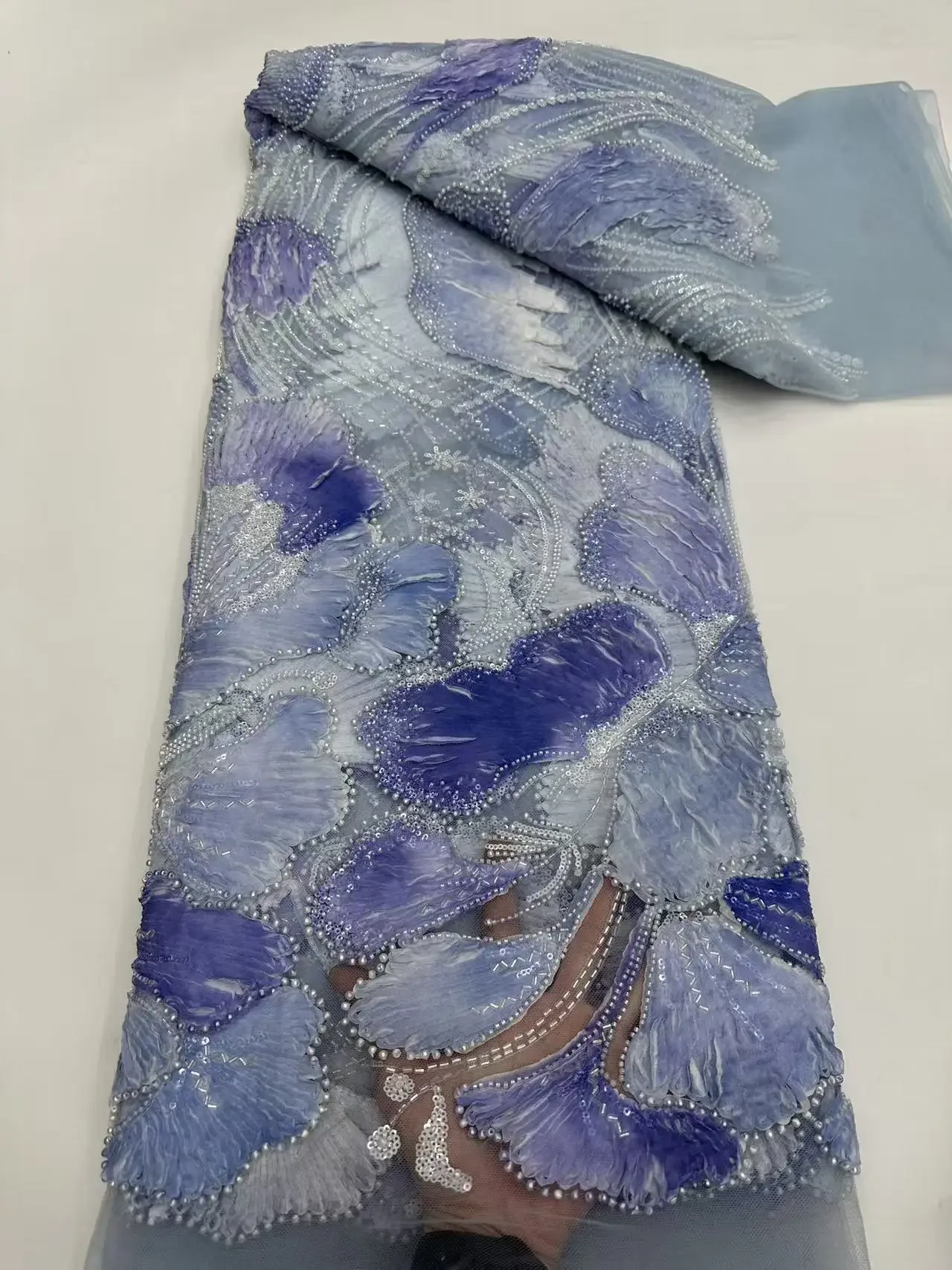 5 Yards 3D Lace Fabric High Quality Delicate Eligant Soft Embroiderd Sequins Tulle Lace Fabric for Wedding Evening Dress AH1441