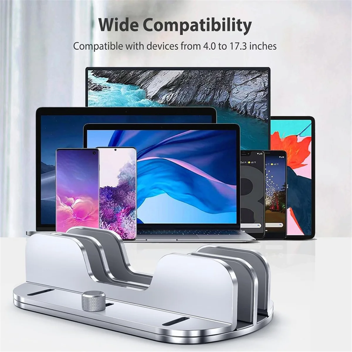 ABJG-حامل كمبيوتر محمول عمودي للمكتب، حامل كمبيوتر محمول بفتحات مزدوجة من الألومنيوم مع قاعدة قابلة للتعديل لـ