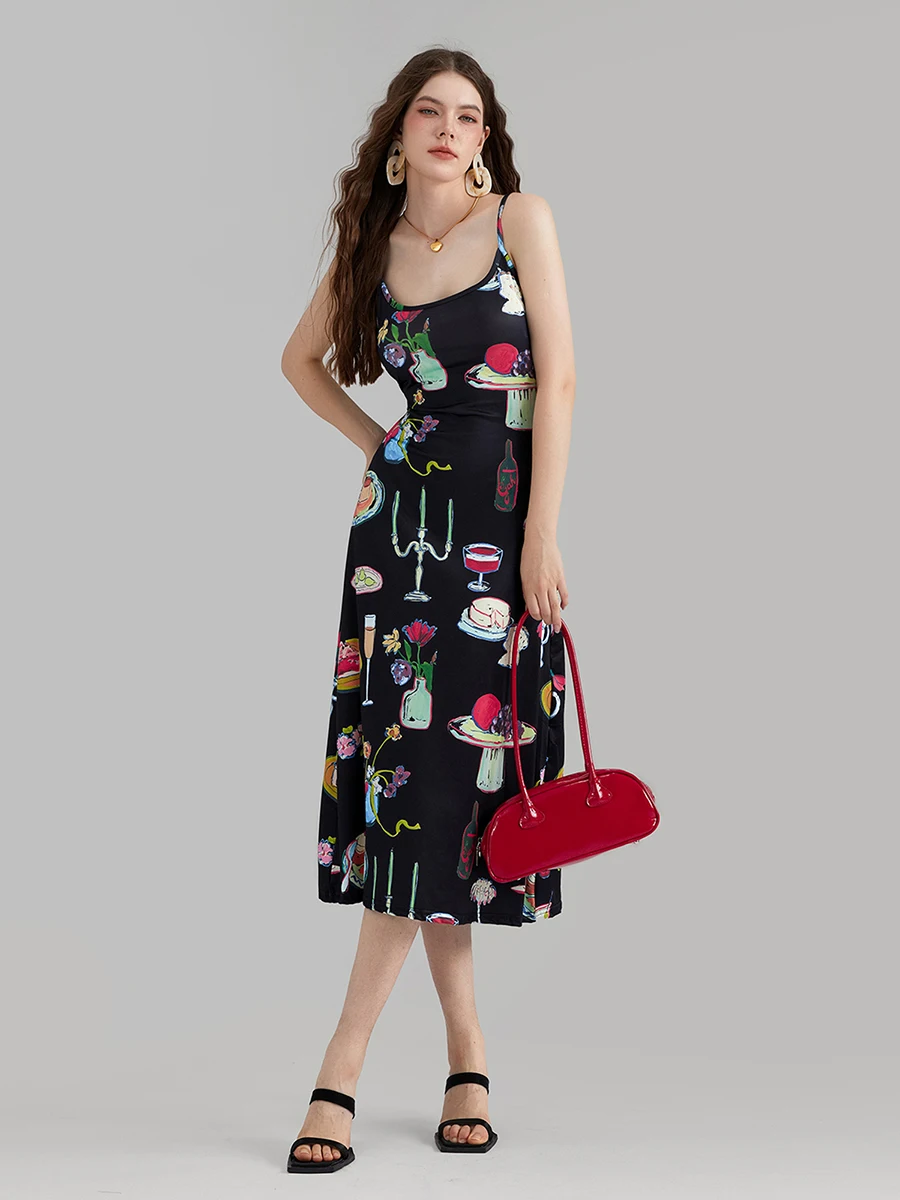 wsevypo Printed Black Slip Midi Dress for Summer Women's Vintage Backless Sleeveless Suspender A-Line Cami Dress Party Daily