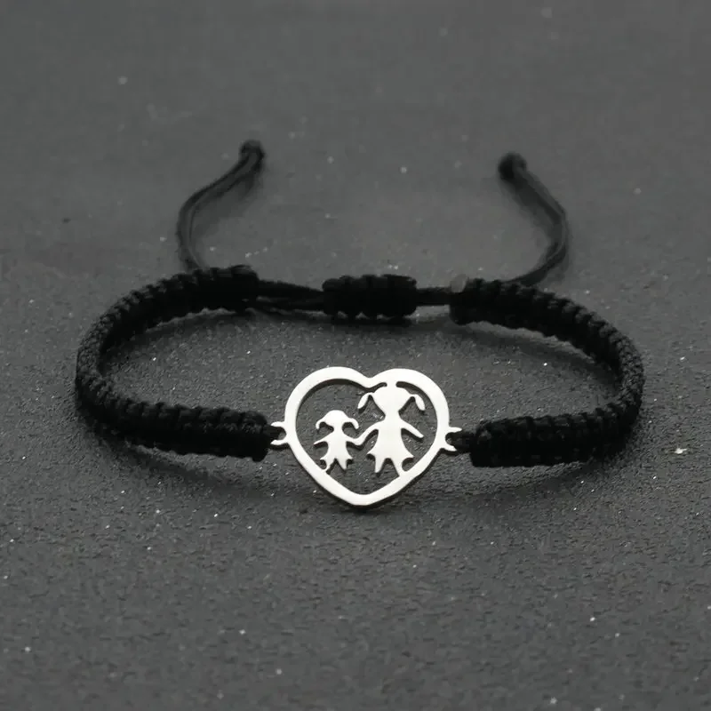 Handmade Braided Rope Bracelet Stainless Steel Heart Shaped Mother and Daughter Charm Bracelets for Women Cuff Jewelry Pulsera