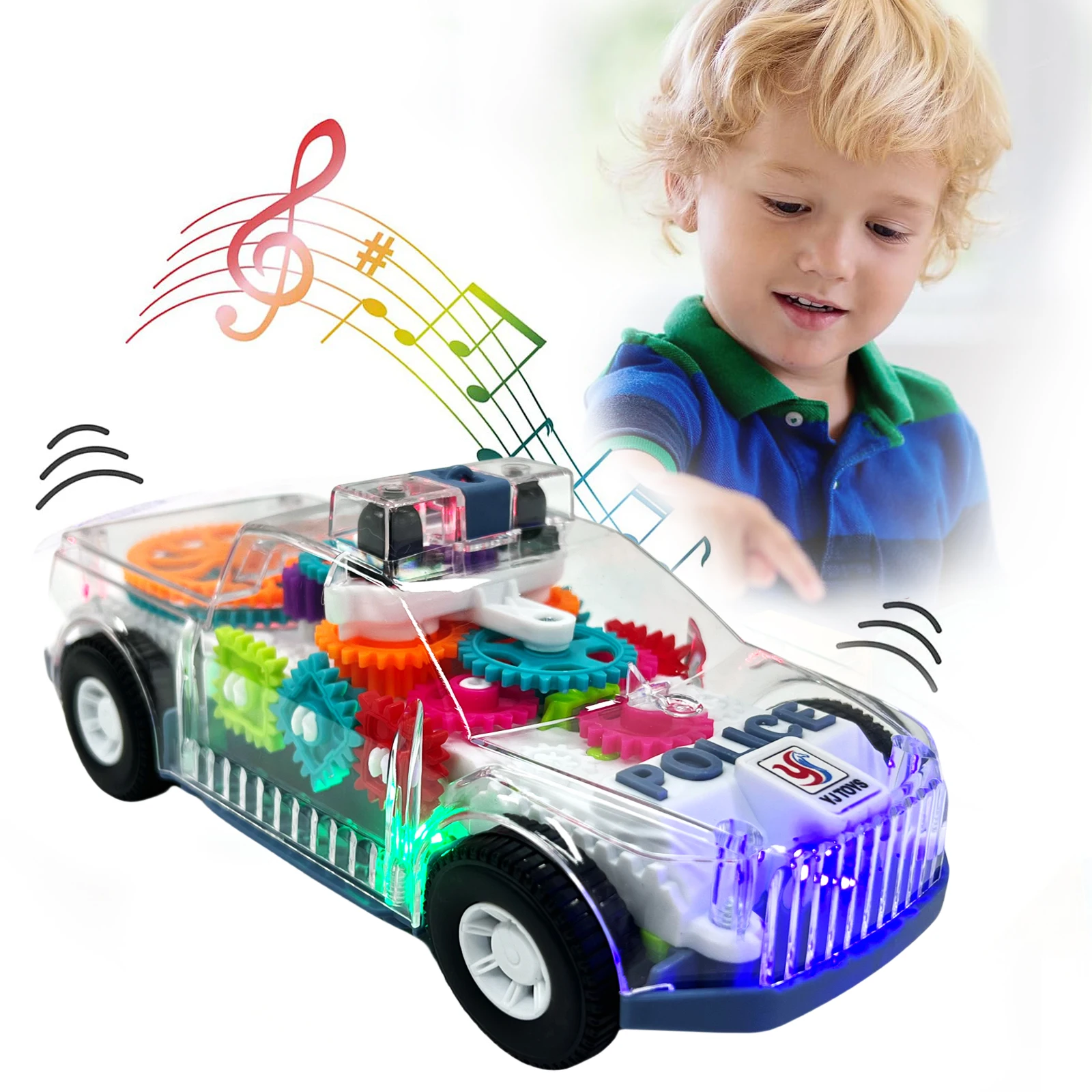 Children's Electric Toy Simulation Police Car with Transparent Gear Mechanism Colorful Sound & Light Perfect Gift for Babies
