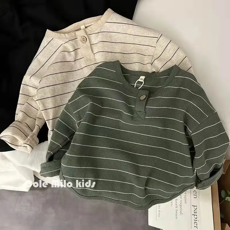 Fashion Striped Kids T-shirts Retro Korean Autumn Children's Long Sleeved T-shirt Boys Girls' Loose Top