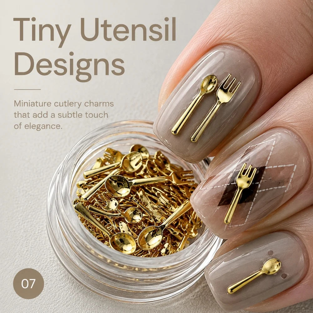 50Pcs Korean Ins‑Vibe Nail Art Charms Mini Cutlery Spoon Fork 2‑Color Gold Silver Metal Ornaments For Creative Nail DIY Work
