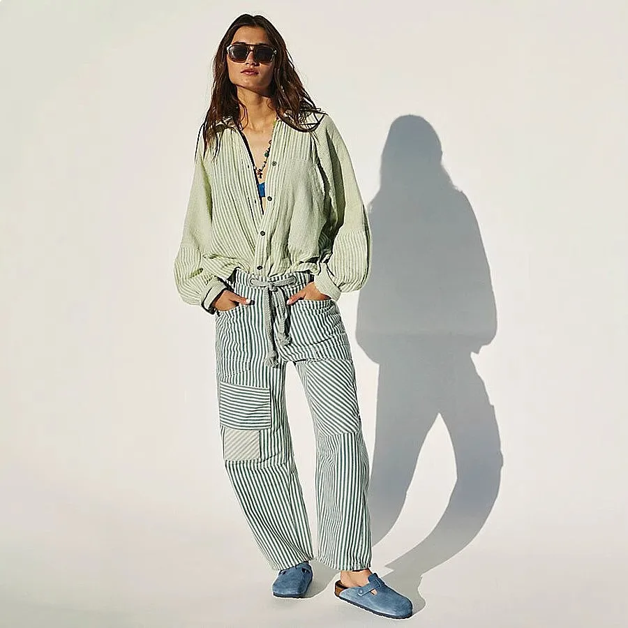 European and American cross-border mid-waist fashion commuting casual loose wide-leg striped splicing drawstring pocket trousers