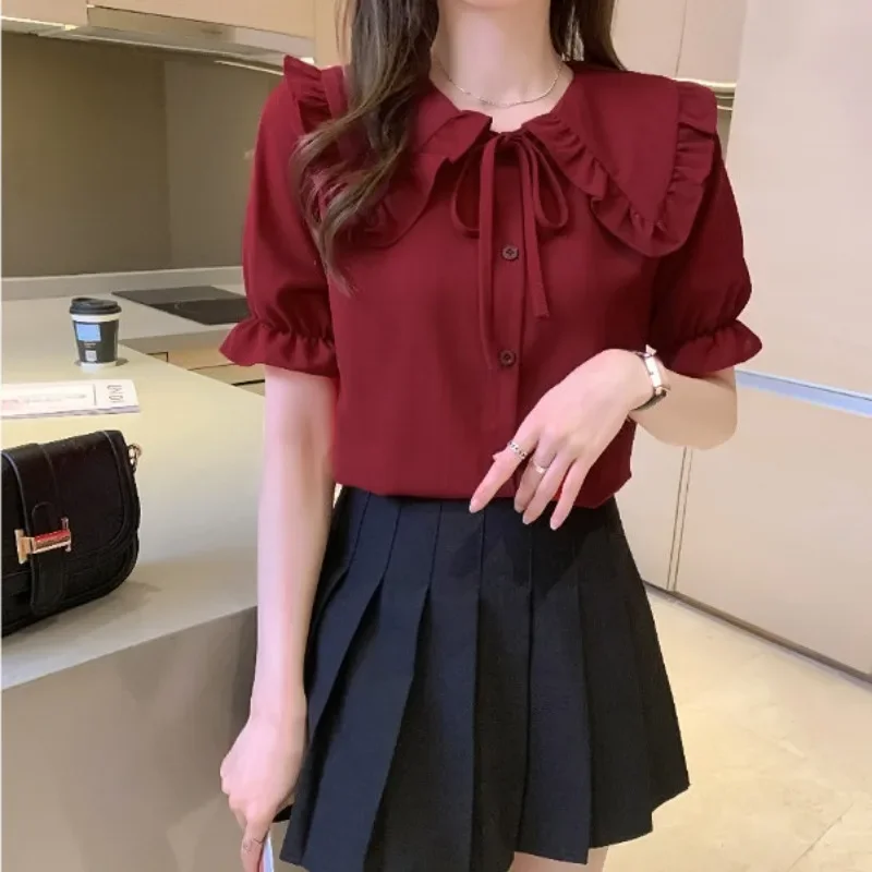 With Bow Crop Summer Frill Shirts & Blouses for Women Woman Top Ruffle Y2k Fashion Elegant and Youthful Fine New 2024 S Cool M