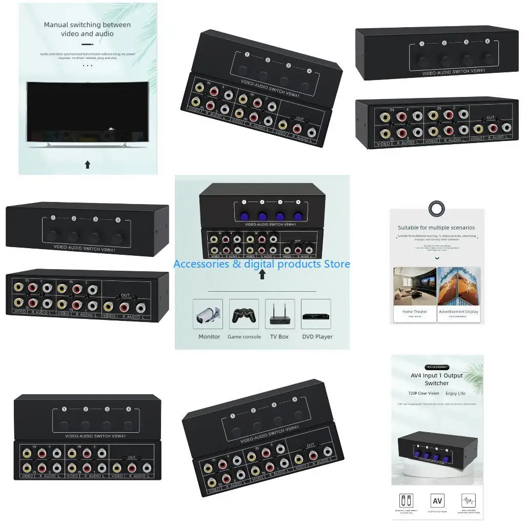 77JD Heavy Duty AV L/R Switcher Box 4Channel Audios Video Selector AV Switcher For MultiDevice Entertainment Systems 1280x720P