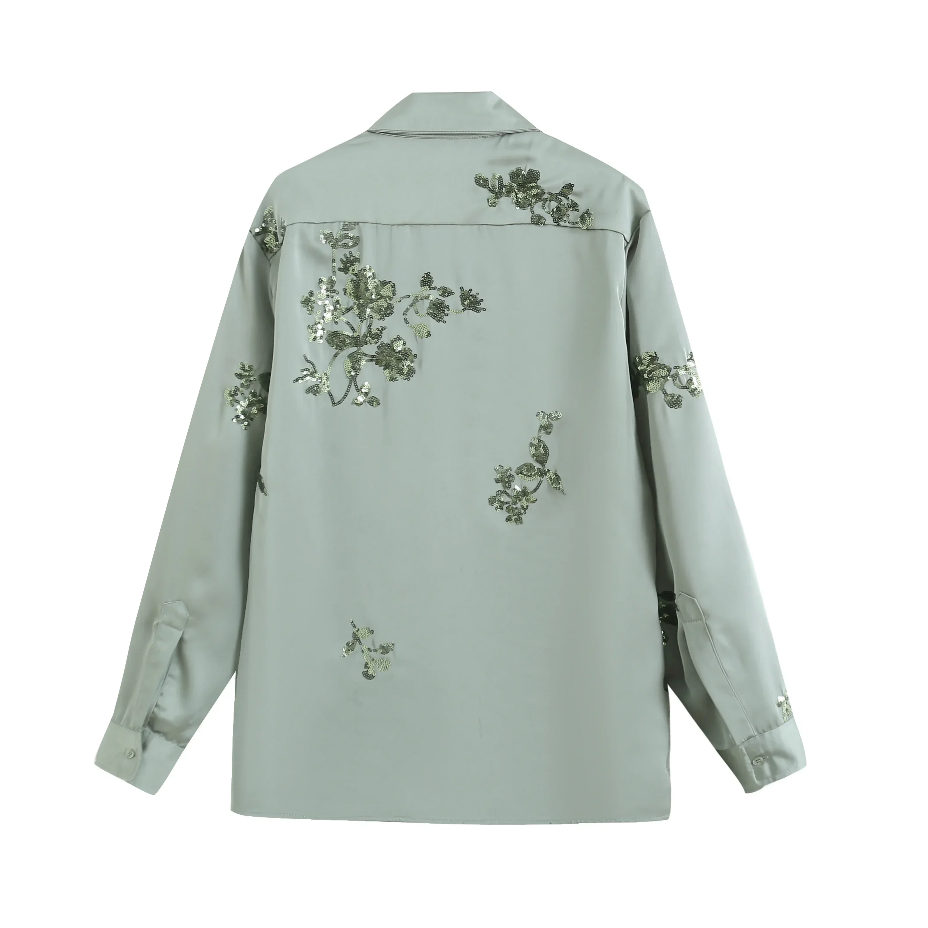 Women 2023 New Fashion Bead decoration Print Satin texture Loose Blouses Vintage Long Sleeve Button-up Female Shirts Chic Tops