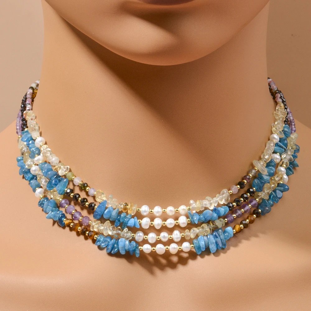 Wholesale Bohemian Style Mixed Natural Stone Tourmaline Amethyst Beads Citrine Chips and Freshwater Pearls Necklace for Women