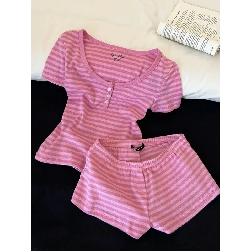 

Pink Striped Collection Tshirt Women Simple Casual Cotton Buttons T-shirts Sweet Cute Preppy Style Camisole+Slim Short Pants Y3K