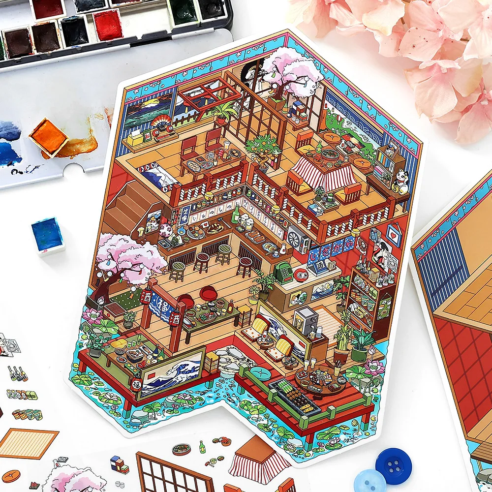 Stiker Lanskap Toko Makanan 3D Festival Kawaii, Adegan Kabin Saku DIY, Hadiah Natal ﻿