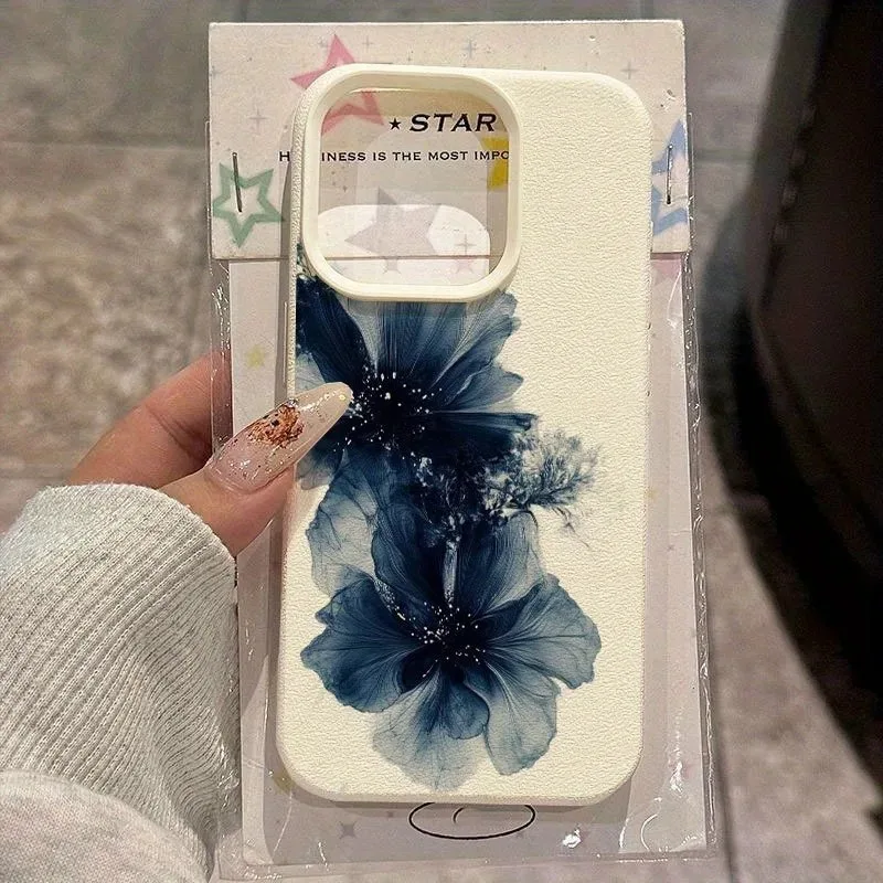 Elegante Dunkelblaue Tintenblumen-Hülle für Samsung A05S A06 A07 A15 A16 A17 A34 A35 A53 A54 A55 S23 S24 FE S25 Ultra A26 A36 A56 Hülle