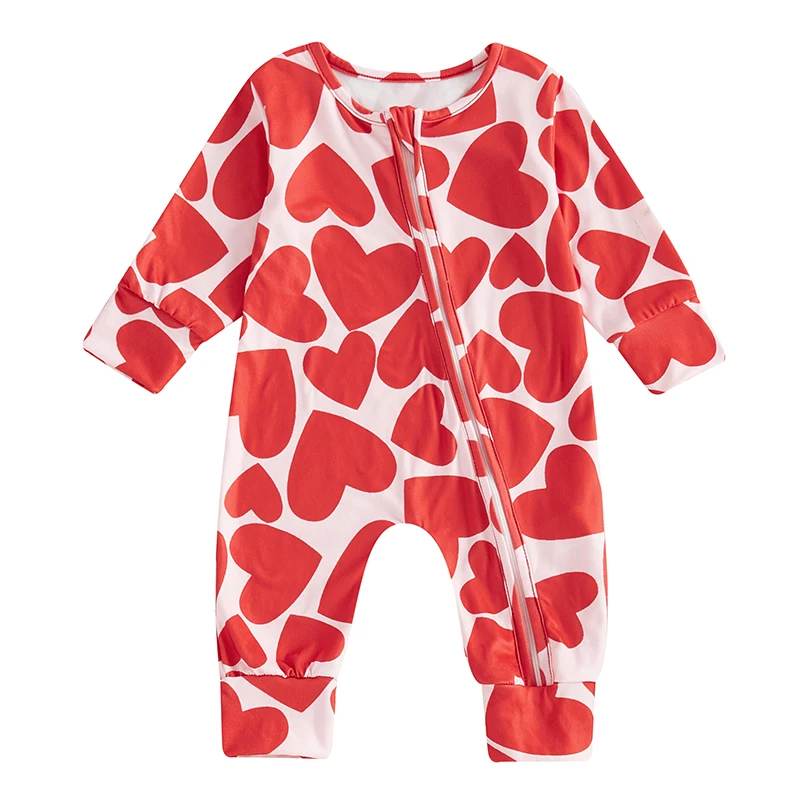 Baby Valentines Day Romper Heart Print Long Sleeve Full Length Zipper Front Jumpsuit for Boys Girls