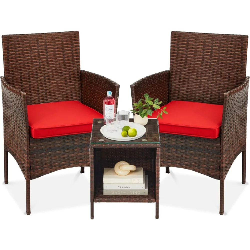 

3-Piece Outdoor Wicker Conversation Bistro Set, Space Saving Patio Furniture for Garden w/Side Table - Brown/Red