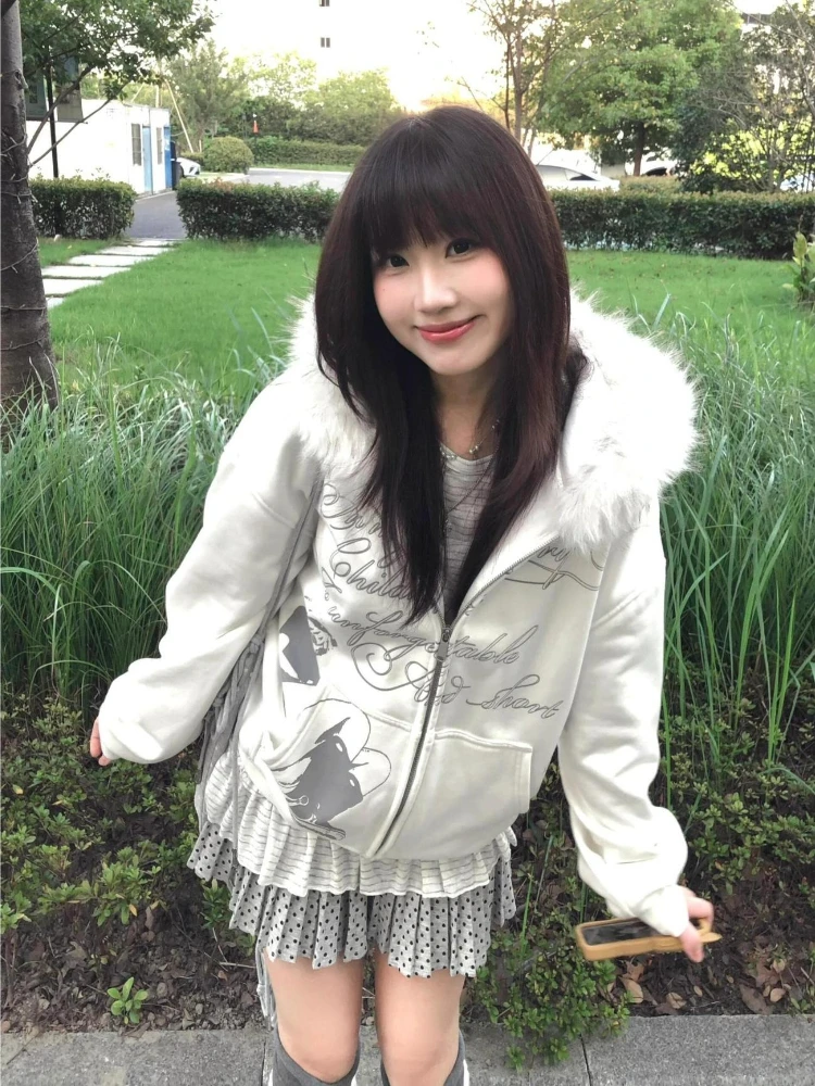 Y2K Japanese Kawai Faxu Fur Ho - đánh giá và giá Embroidery Zip Up Hoodie