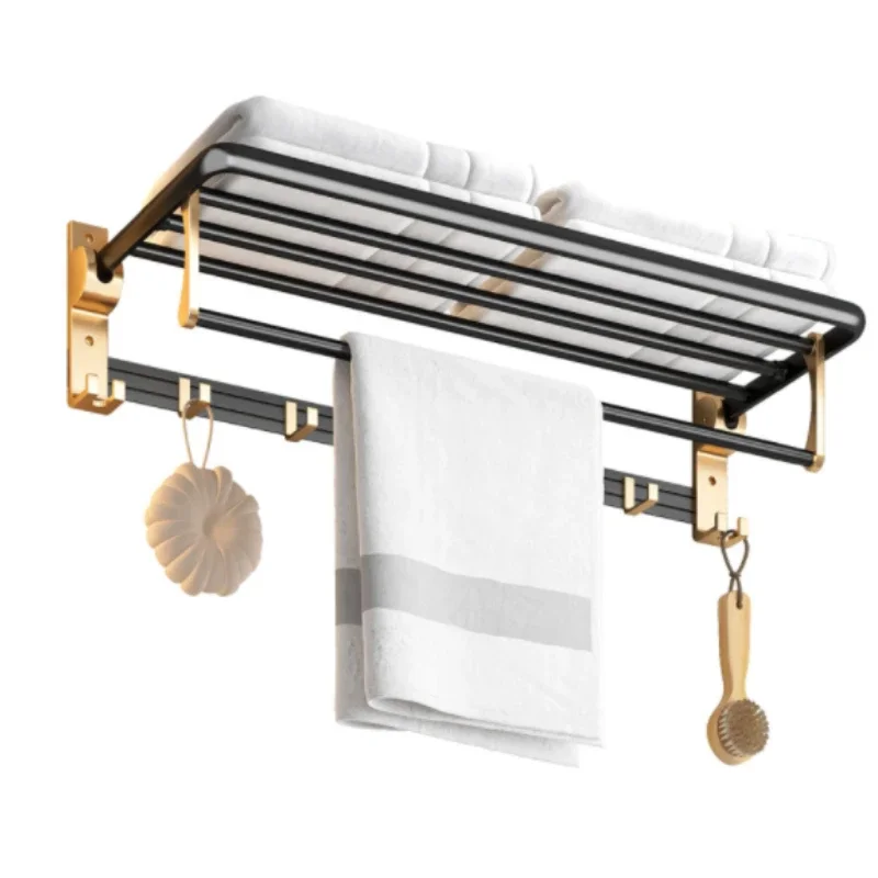 9pcs Set Towel Rod Holder Aluminum Shower Towel Rack for Bathroom/ Kitchen Wall Mounted Double Towel Bar with Hooks 60CM