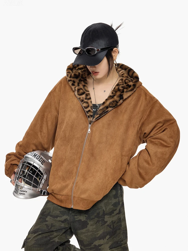 Women Oversized Reversible Hooded Outerwear Cat Ears Decor Leopard Faux Fur Lining Zip Long Sleeve Daily Casual Fashion Jacket