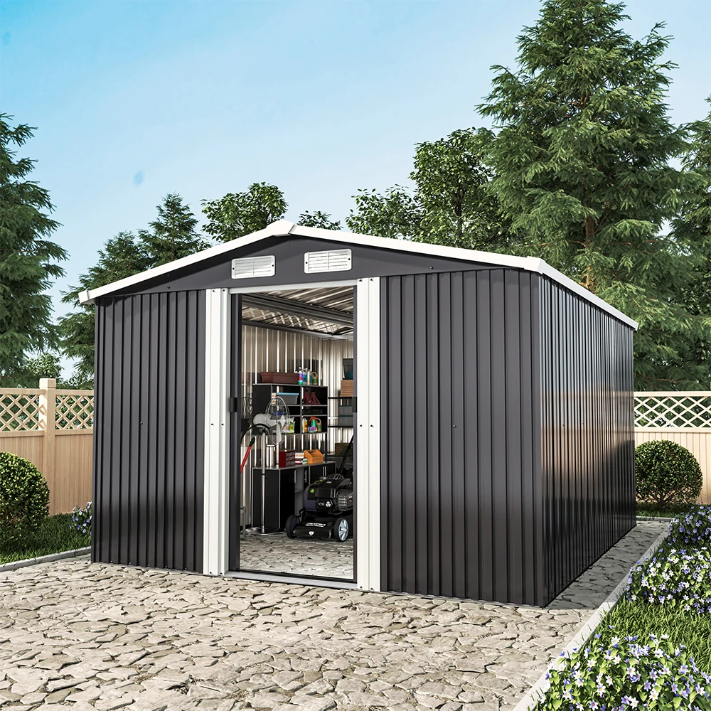 【Breeins】10 X 8 FT Black Outdoor Storage Shed, Metal Large Shed Garden with Air Vent, 2 Slide Door