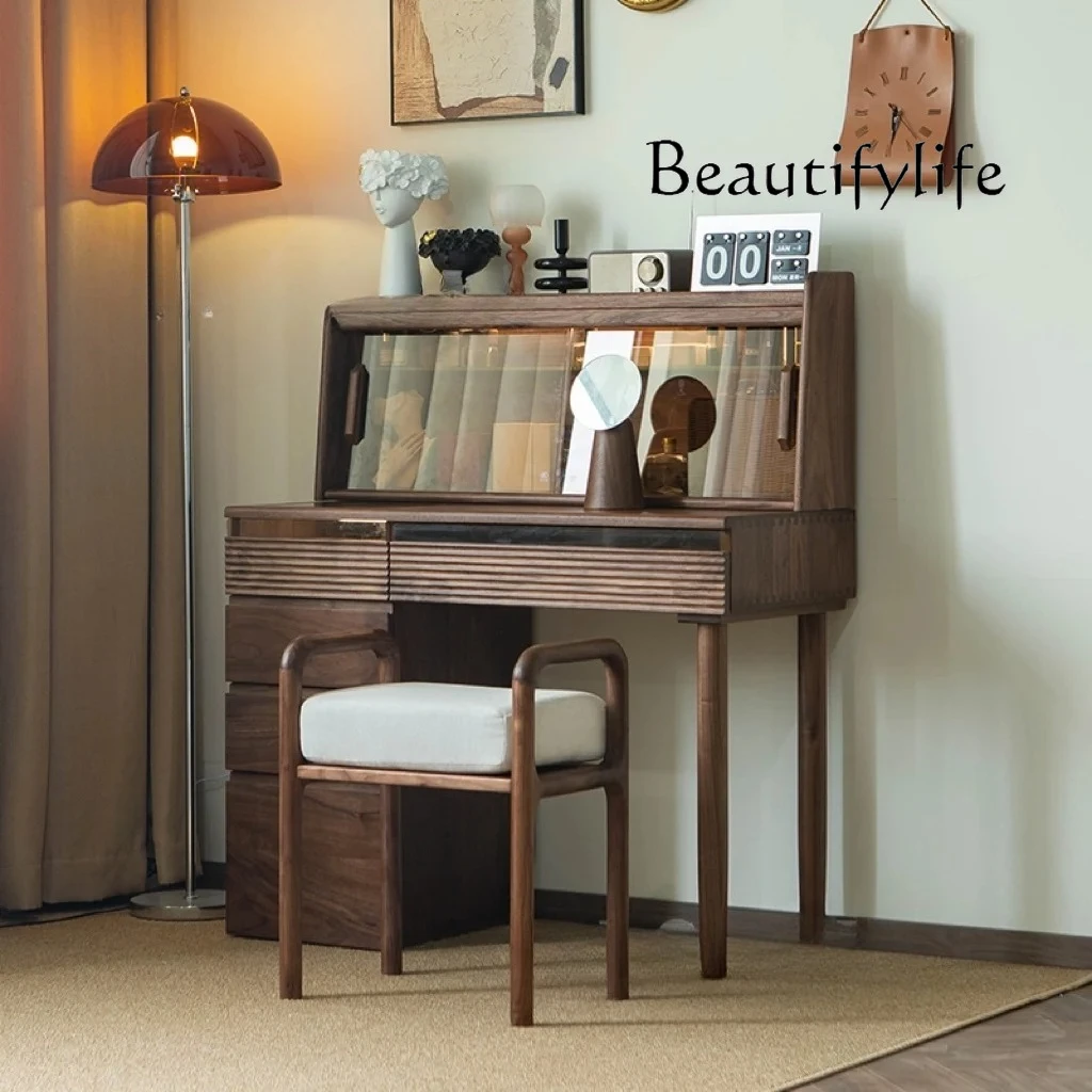 

North America Black Walnut Wooden Dressing Table Bedroom Simple Cosmetic Cabinet Solid Wood Makeup Table Glass Door