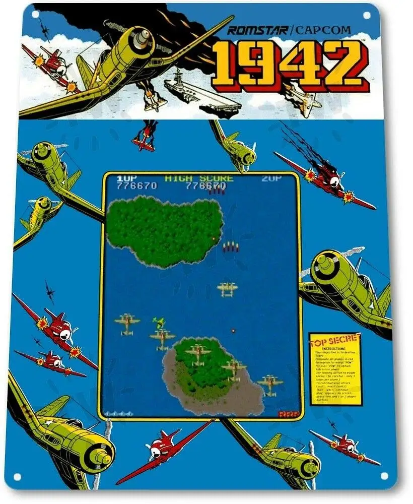 1942 Classic Airplane Arcade Marquee Game Room Wall Decor - 8X12 Tin Metal Sign