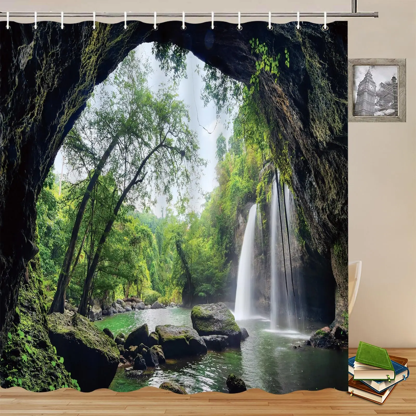 Cool Cat Shower Curtain Set Man Cave Bathroom Decor Awesome Hero Unicorn Shooting Fire Blue Polyester Fabric 12 Hooks Included