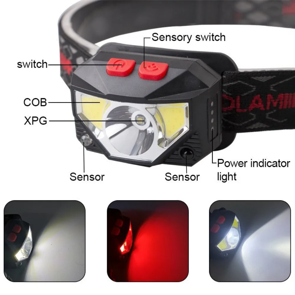 Glare LED Induction Headlamp USB Rechargeable Multi-function Head Flashlight Super Bright Battery Level Display COB Headlight