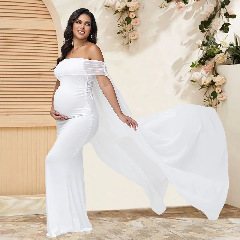 Maternity Photography Props Dresses Mesh Off Shoulder Chiffon Shawl Summer Maxi Dress for Baby Shower Photoshoot