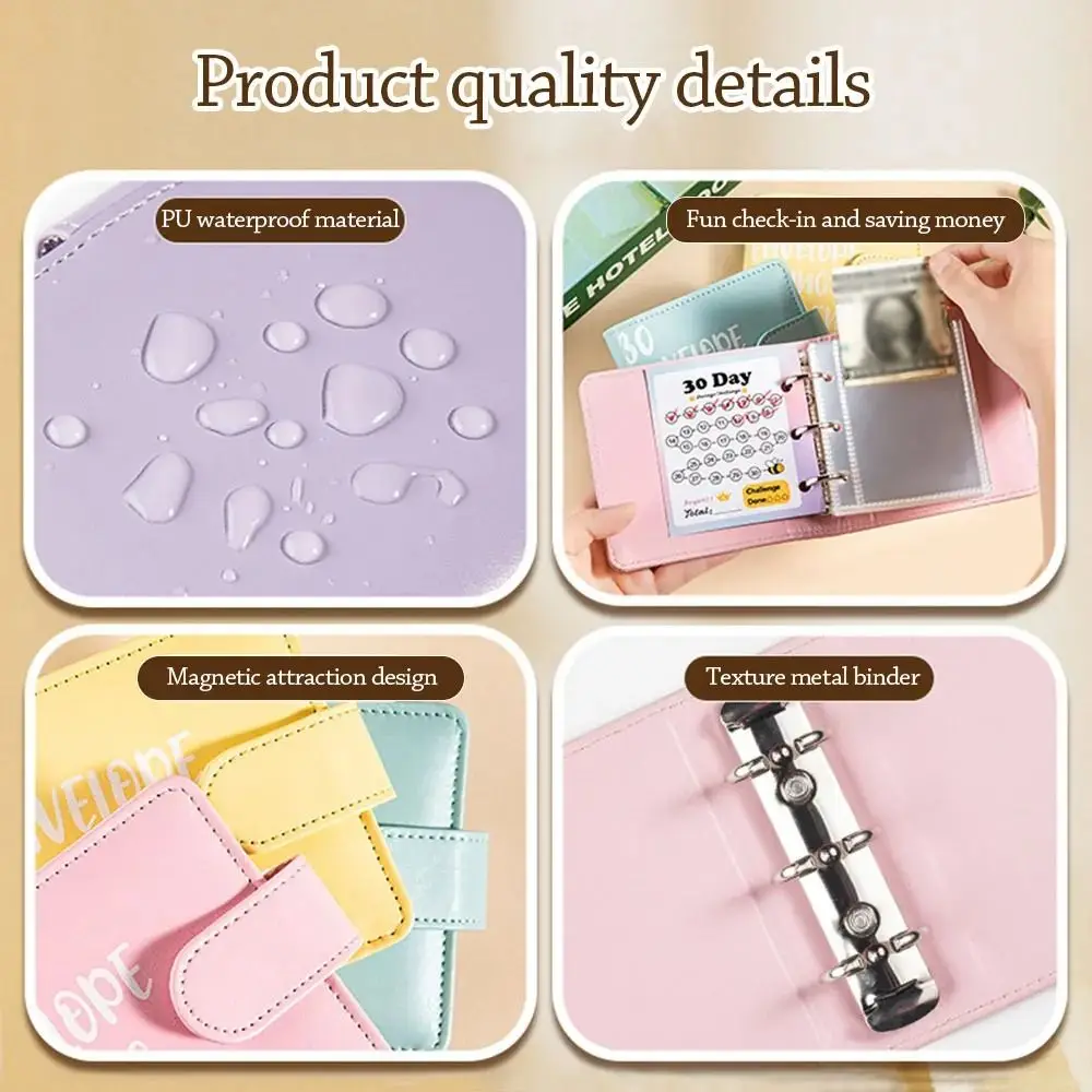 PU Leather Money Saving Challenge Book Loose-Leaf Waterproof Small Binder with Cash Envelopes Multi Pockets Save Money