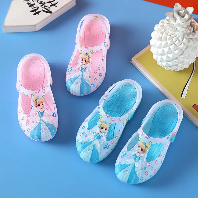 Zapatillas de princesa antideslizantes para niños y niñas, zapatos de playa de jardín, sandalias huecas de fondo suave, rosa y azul, Verano