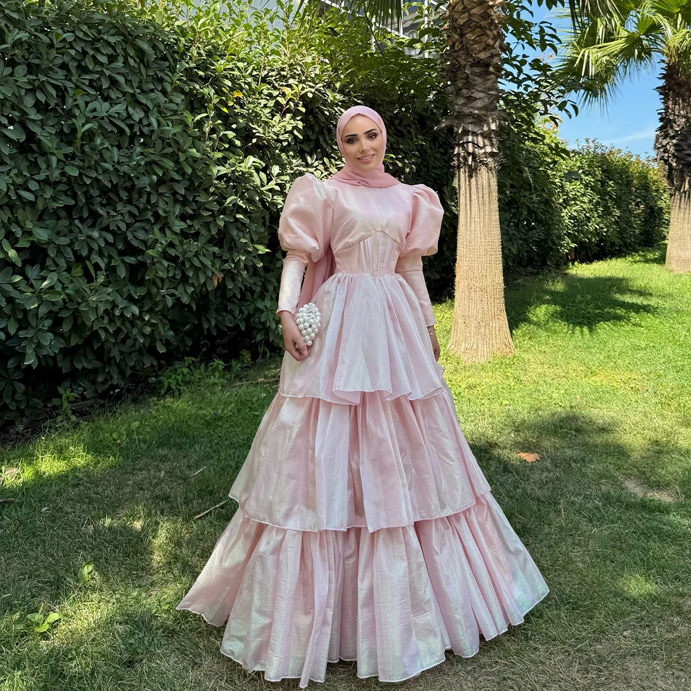 

Pink Evening Dress Hijab High Neck Long Lantern Sleeve Tiered Prom Dress Wedding Party Dress Customized فساتين سهرات