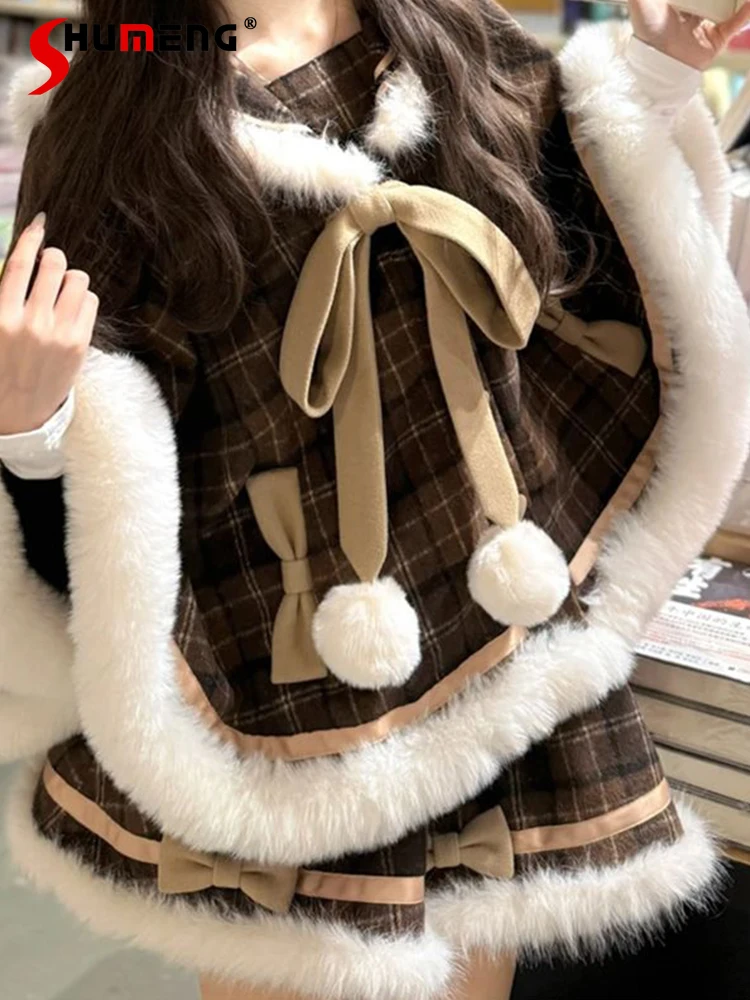 

Christmas New Year Outfit Sweet Cute Girl Lace-up Bow Hooded Heart Single-breasted Capes Puffy Short Skirt Women Two-piece Set