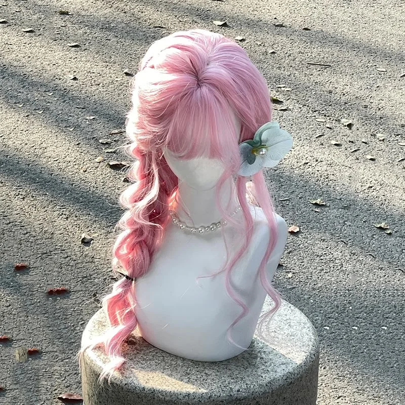 Roze pruik, lang haar, gesimuleerd hoofd van kunsthaar, anime-spelaccessoires, cosplay, volledig hoofddeksel, krullend haar, fotoshow rekwisieten