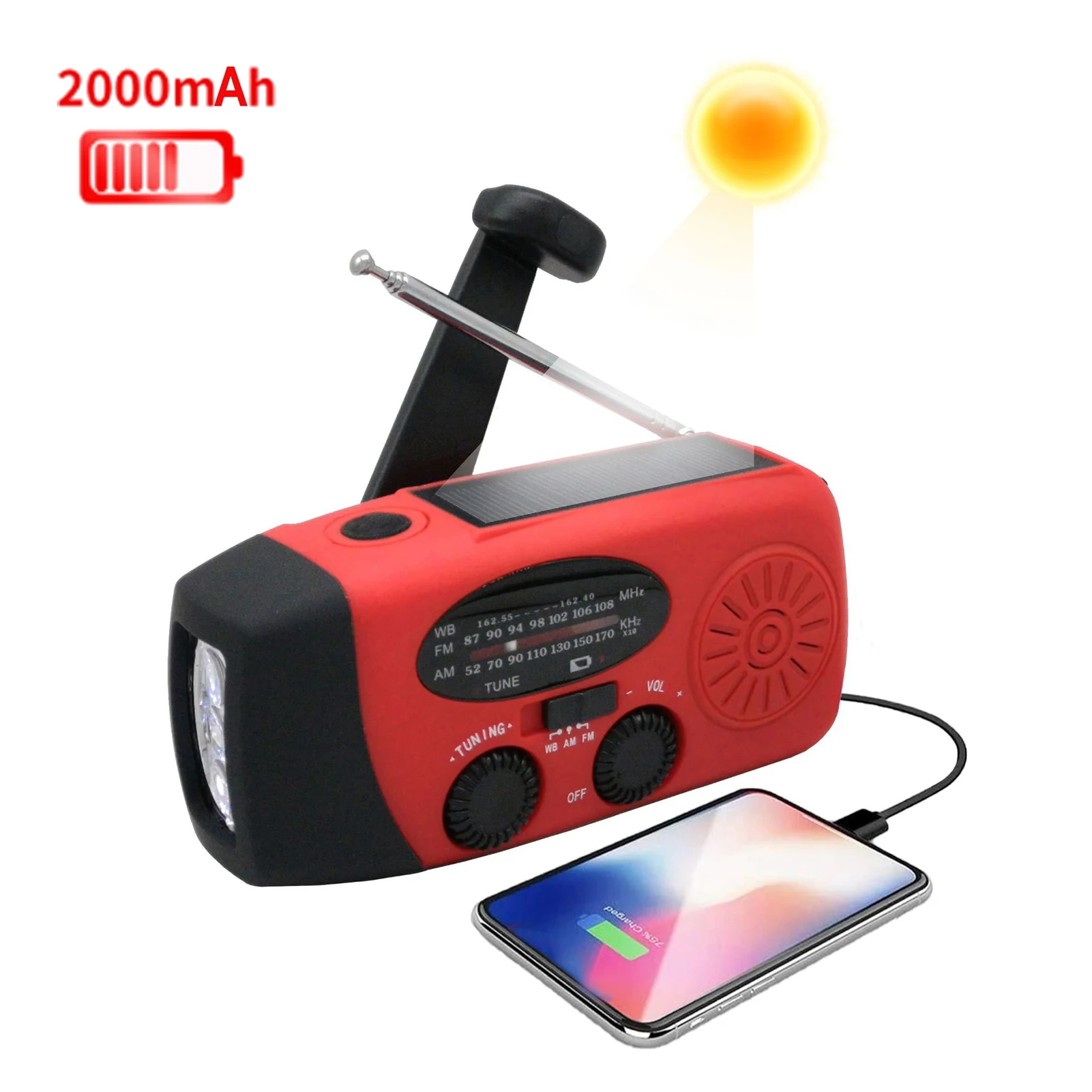 Emergency Radio Hand Crank Solar Weather Radio 2000mAh AM / FM Weather Radio Portable Power Bank with LED Flashlight for Outdoor