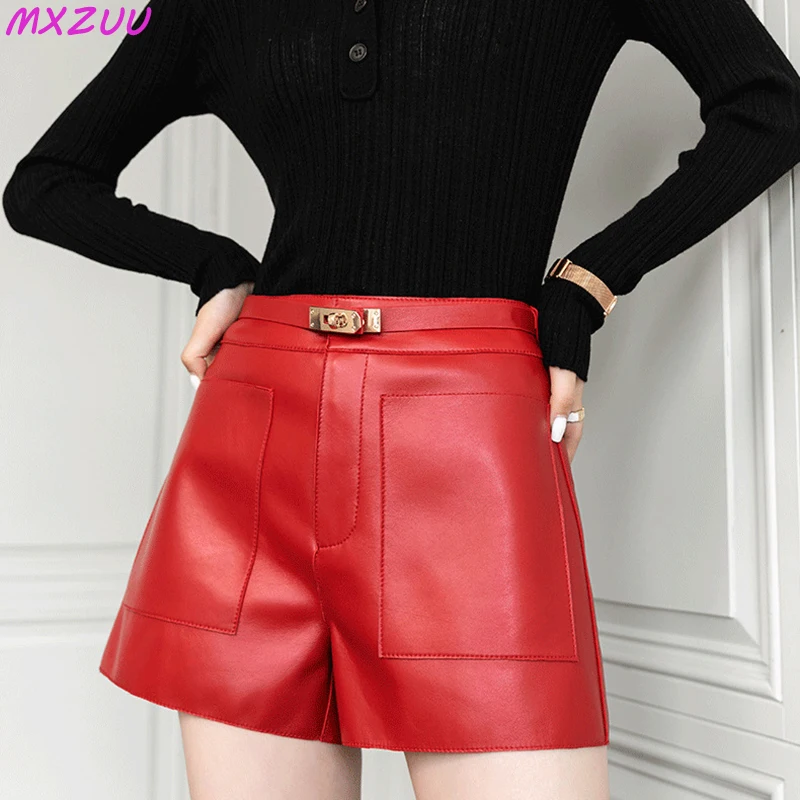 Leather Shorts Women\'s Hot Pants Casual Pantalon Corto Mujer Real Sheepskin Big Pockets Metal Buckle Belt Khaki/Orange Trousers