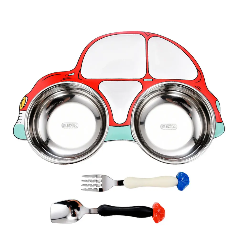 

Creative 'S Car Shape Plate Stainless Steel Non-Slip Cartoon Design S-Proof Classified Grids Bowl Bright Color