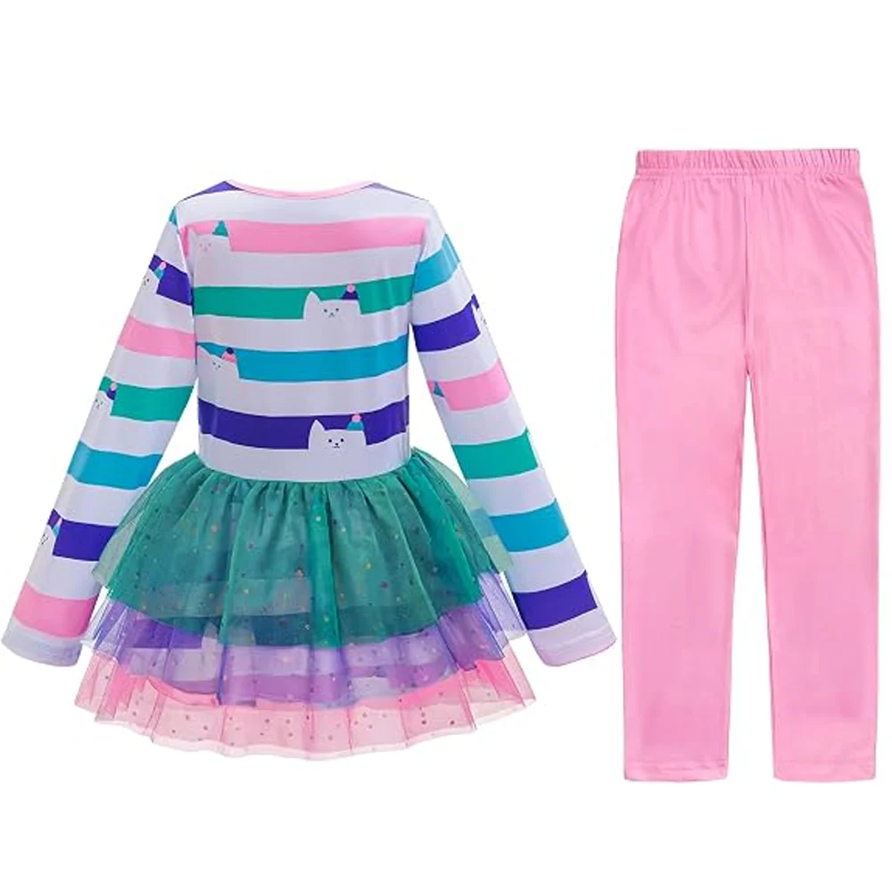 New Children Casual Sets Cat Rainbow Striped Mesh Tutu Dress With Pants Girls Halloween Outfit Carnival Birthday Party Gifts