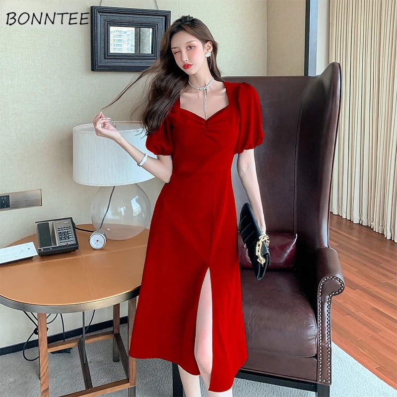 

Summer Puff Sleeve Dress Women Vintage V-neck A-line Slim Temperament Ladies Mid-calf Side Split Formal Dresses Female M-3XL Ins