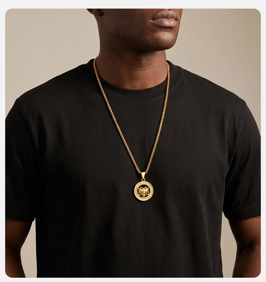 Vnox Herren Runde Doppelköpfiger Adler Anhänger Halskette, Gold Silber Farbe Edelstahl mit CZ-Besatz, Kastenkette, Ethnischer Schmuck Geschenk – Detail 2