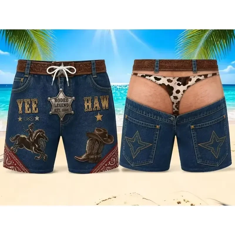 Casual Cool Shorts Men Denim Look Print Swim Trunks Quick Dry Drawstring Beach Board Shorts Summer 2026 Plus Size Swimwear
