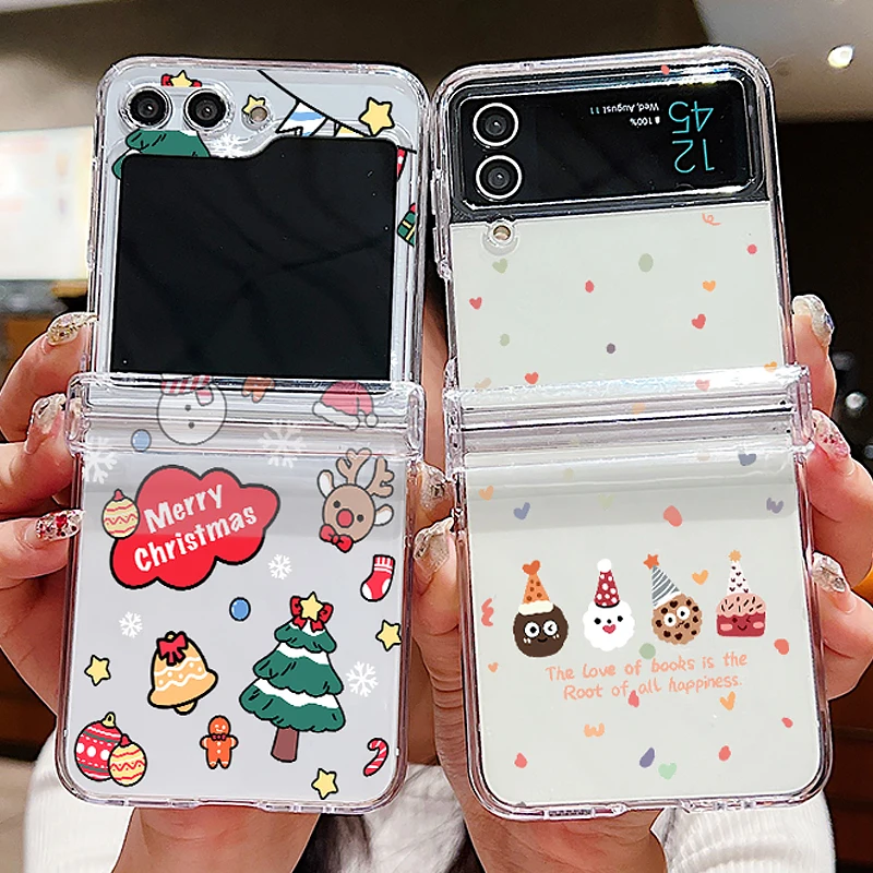 Merry Christmas Desen Temizle Kılıf Samsung Galaxy Z Flip 6 5 4 3 Sert PC Katlanır Telefon Kapağı Samsung Z Flip5 Flip4 Flip6